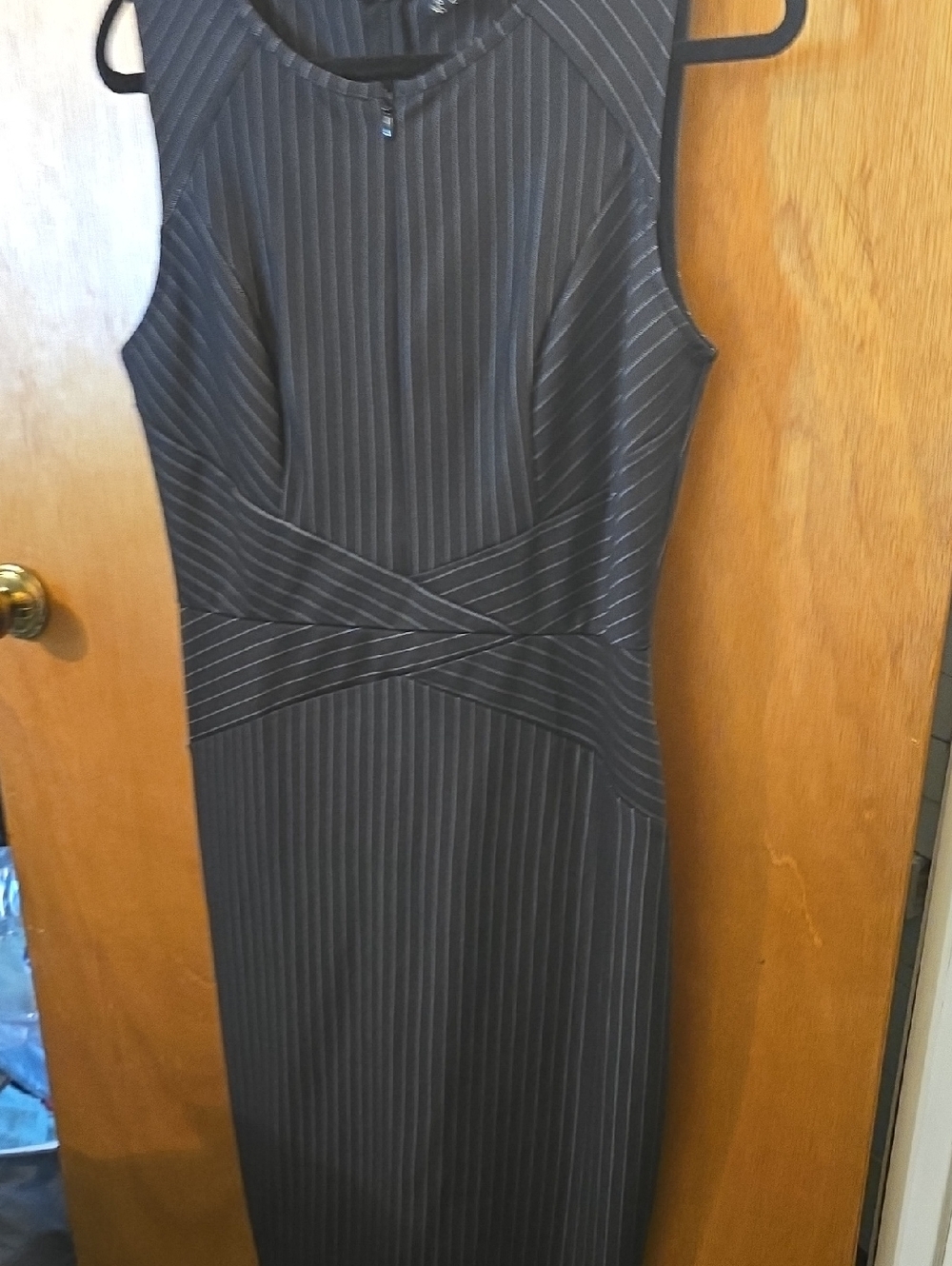 Sleeveless Pinstripe Midi Sheath Dress in Black